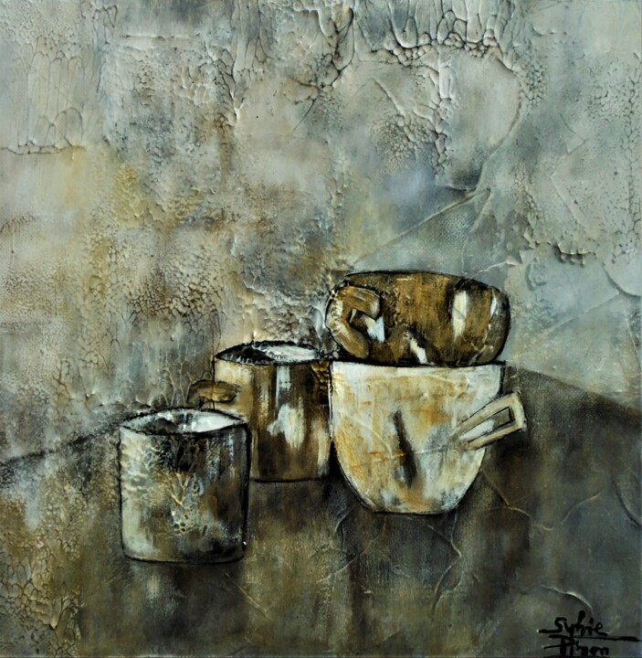 Malerei mit dem Titel "tasses et pot" von Sylvie Pinon, Original-Kunstwerk, Acryl Auf Keilrahmen aus Holz montiert