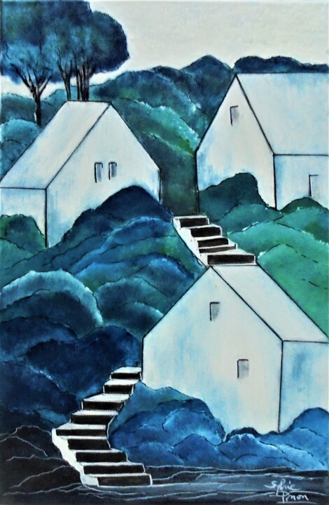 Peinture intitulée "maisons perchées" par Sylvie Pinon, Œuvre d'art originale, Acrylique Monté sur Châssis en bois