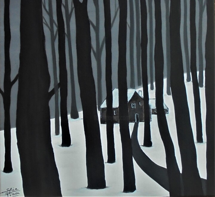 Peinture intitulée "maisons dans la for…" par Sylvie Pinon, Œuvre d'art originale, Acrylique Monté sur Châssis en bois