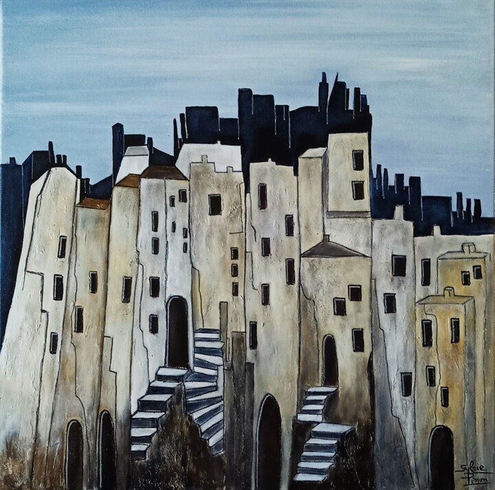 Картина под названием "vieux immeubles" - Sylvie Pinon, Подлинное произведение искусства, Акрил Установлен на Деревянная рам…
