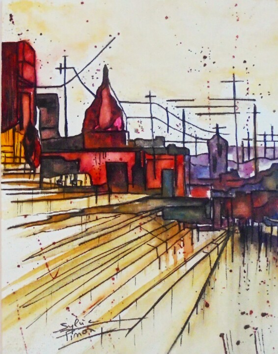 Painting titled "en haut 2" by Sylvie Pinon, Original Artwork, Watercolor Mounted on Cardboard