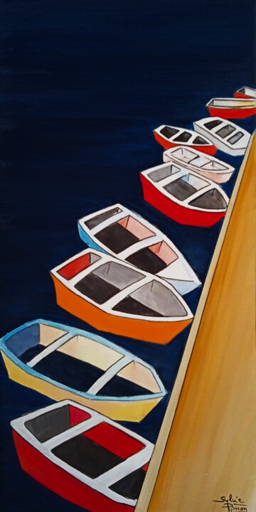 Painting titled "barques colorées" by Sylvie Pinon, Original Artwork, Acrylic Mounted on Wood Stretcher frame
