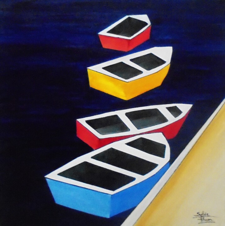 Painting titled "barques colorées 2" by Sylvie Pinon, Original Artwork, Acrylic Mounted on Wood Stretcher frame