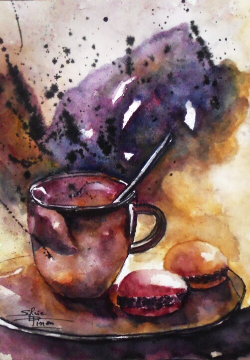Painting titled "tasse et macarons" by Sylvie Pinon, Original Artwork, Watercolor