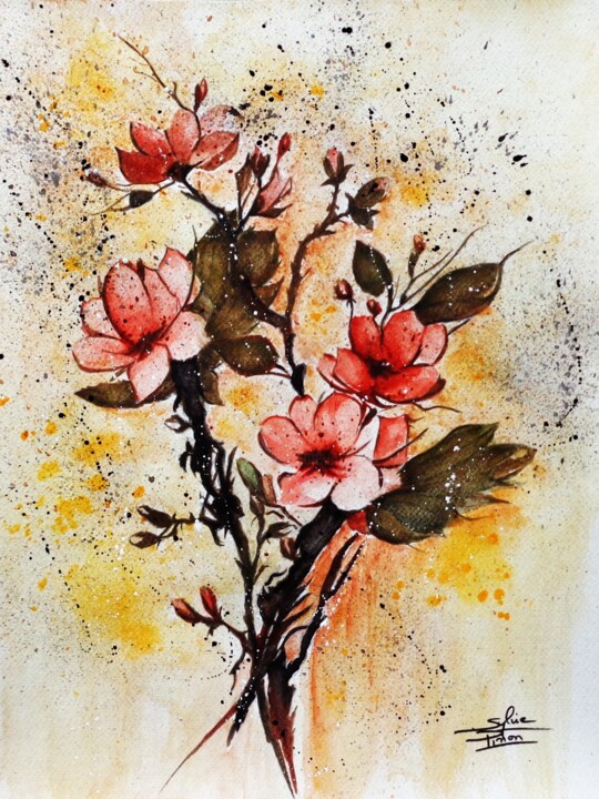 Painting titled "fleurs sur branches" by Sylvie Pinon, Original Artwork, Watercolor