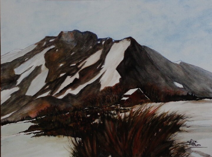 Malerei mit dem Titel "montagne fin d'été" von Sylvie Pinon, Original-Kunstwerk, Aquarell