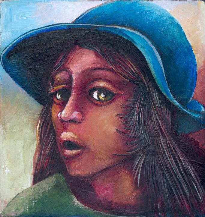 Peinture intitulée "chapeau bleu" par Sylvie Preudhomme, Œuvre d'art originale