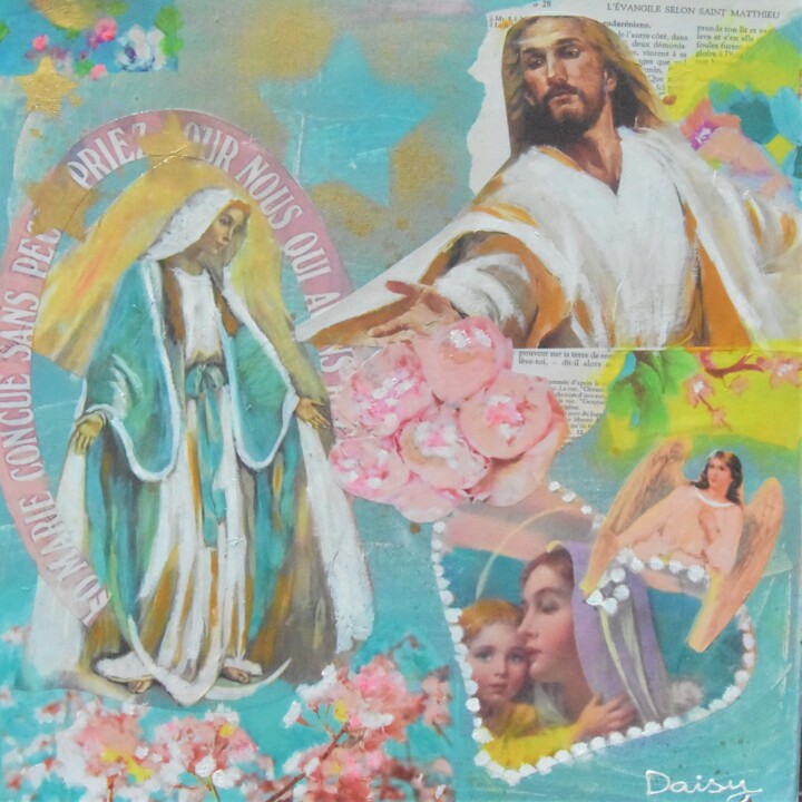 Collages titulada "vierge marie" por Sylvie Rivalta Galtier, Obra de arte original, Oleo