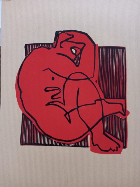 Printmaking titled "Faune en rouge et n…" by Sylvie Serre, Original Artwork, Linocuts