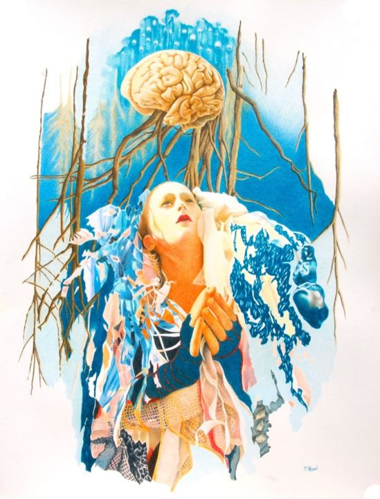 Dessin intitulée "Mon cerveau lent" par Sylvie Talon, Œuvre d'art originale, Crayon