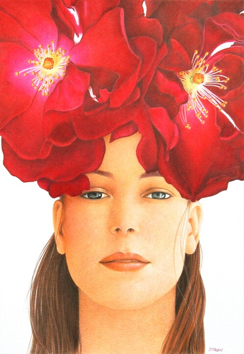 Rysunek zatytułowany „Roses rouges” autorstwa Sylvie Talon, Oryginalna praca, Ołówek