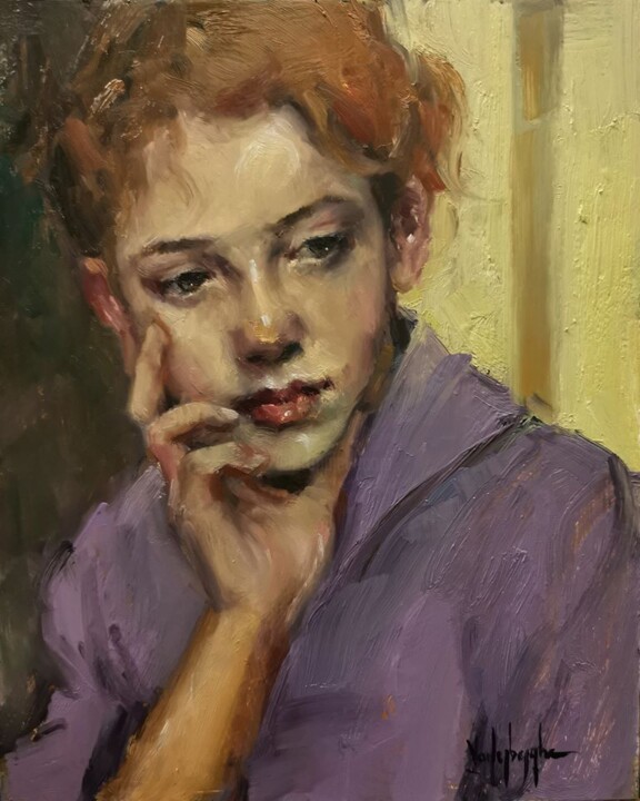 Painting titled "Pensive" by Sylvie Vanlerberghe, Original Artwork, Oil