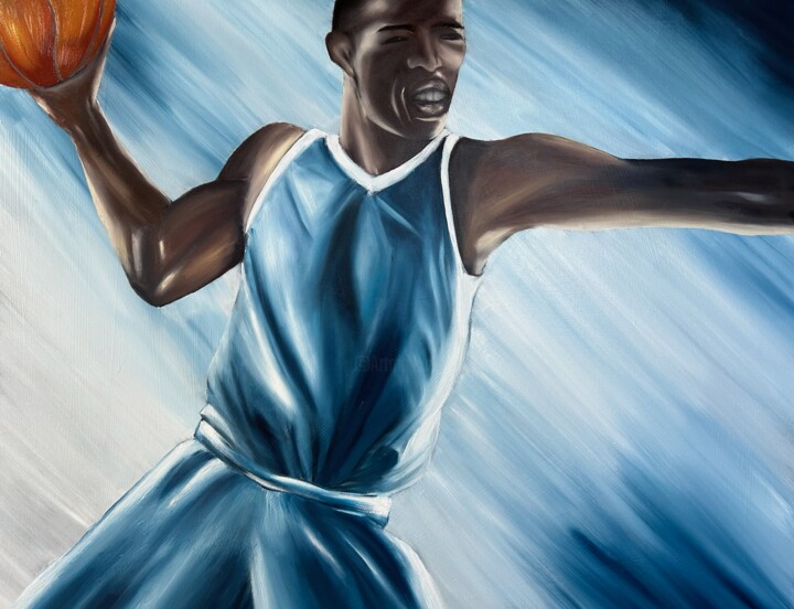 Painting titled "Basketball Player" by Sylvie Vedel, Original Artwork, Oil Mounted on Wood Stretcher frame