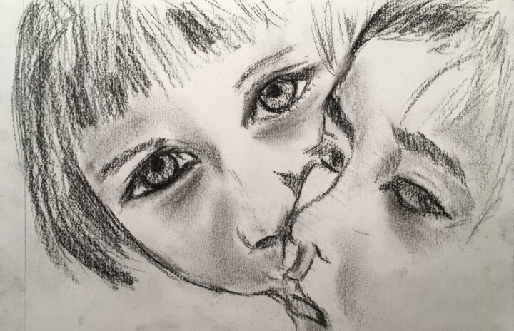 Drawing titled "Fratrie" by Sylvie Vedel, Original Artwork, Charcoal