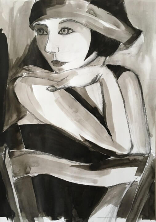Painting titled "Femme des années 20" by Sylvie Vedel, Original Artwork, Ink
