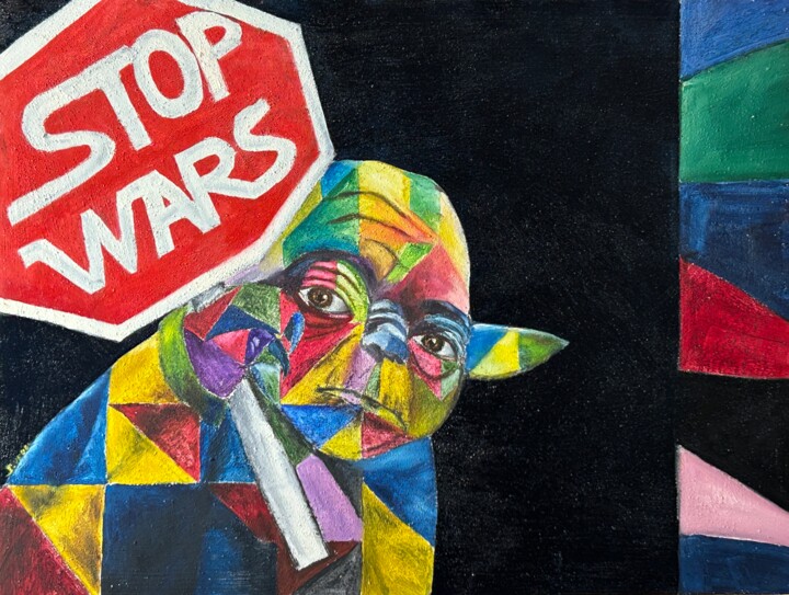 Peinture intitulée "Yoda Stop Wars insp…" par Sylvie Vedel, Œuvre d'art originale, Huile