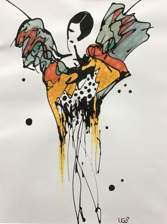 Zeichnungen mit dem Titel "Yellow butterfly" von Lili Ks, Original-Kunstwerk, Tinte