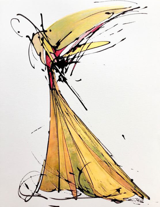 Drawing titled "Golden wings" by Lili Ks, Original Artwork, Ink