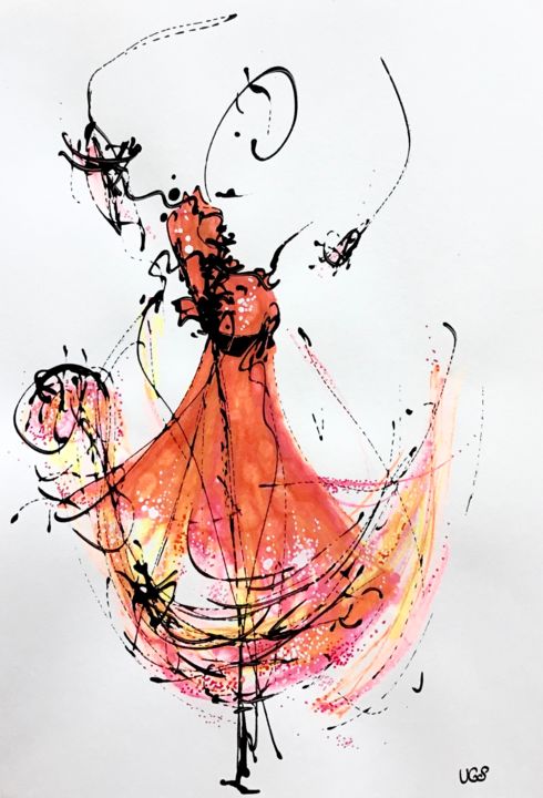 Drawing titled "Danseuse rouge" by Lili Ks, Original Artwork, Ink