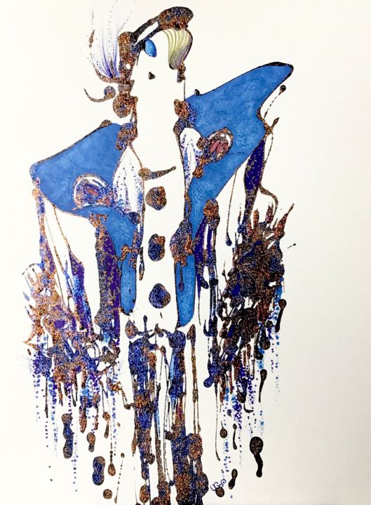 Σχέδιο με τίτλο "Blue splash and gli…" από Lili Ks, Αυθεντικά έργα τέχνης, Μελάνι