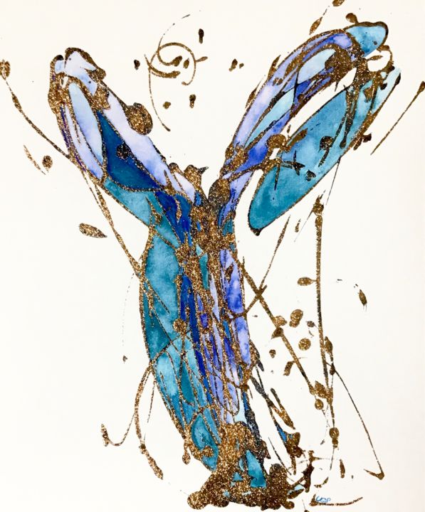 Drawing titled "Gold and blue wings" by Lili Ks, Original Artwork, Ink Mounted on Cardboard