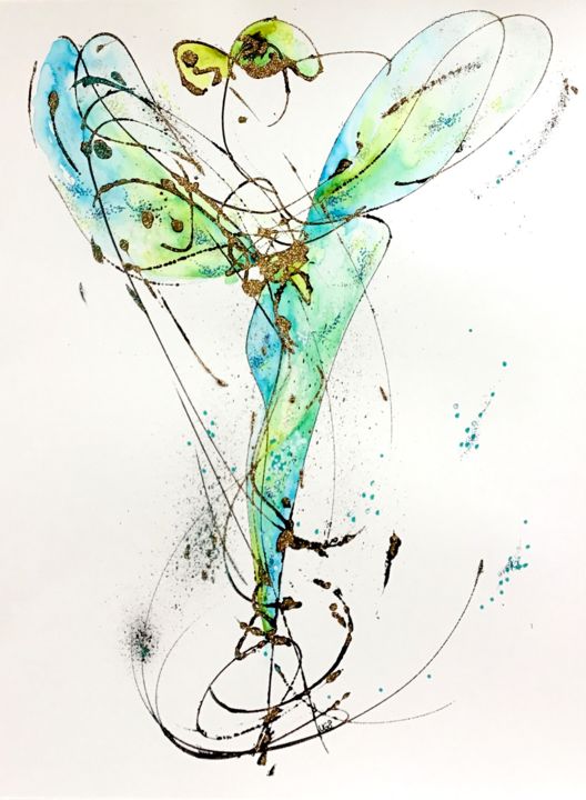 Dessin intitulée "Elle, turquoise et…" par Lili Ks, Œuvre d'art originale, Encre
