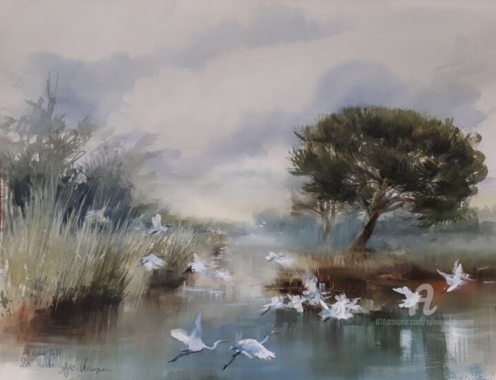 Painting titled "L'Eyre, Bassin d Ar…" by Sylvie Vernageau, Original Artwork, Watercolor Mounted on Glass
