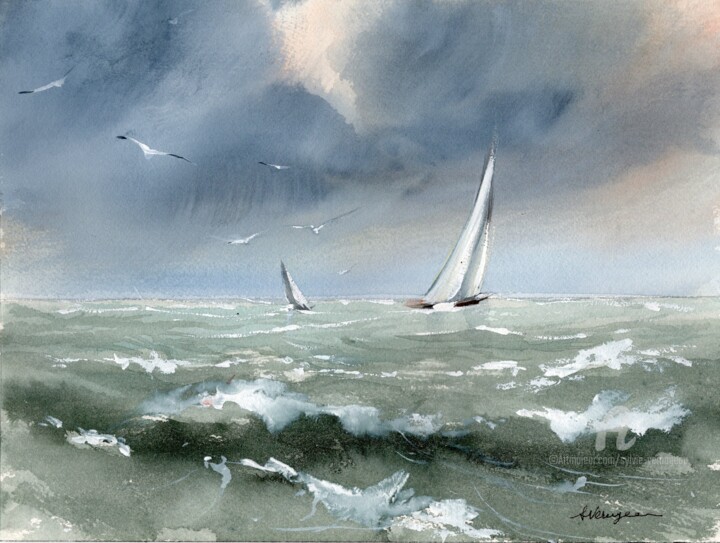 Peinture intitulée "Course de voiliers 1" par Sylvie Vernageau, Œuvre d'art originale, Aquarelle