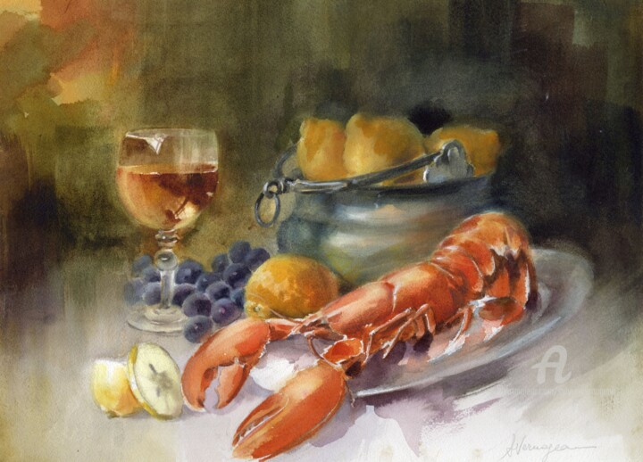 Peinture intitulée "Homard" par Sylvie Vernageau, Œuvre d'art originale, Aquarelle