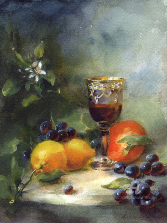 Malerei mit dem Titel ""Citron et verre do…" von Sylvie Vernageau, Original-Kunstwerk, Aquarell