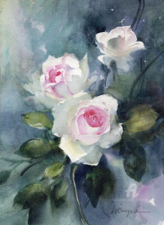 Painting titled "Rose 4" by Sylvie Vernageau, Original Artwork, Watercolor