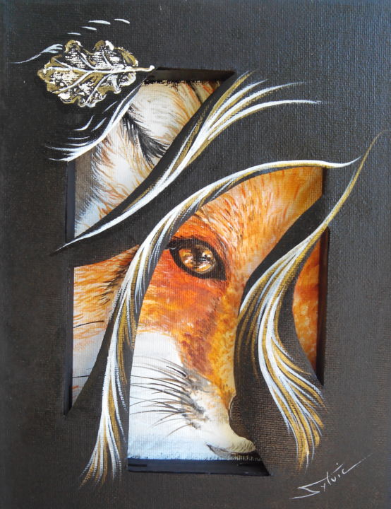 Painting titled "Renard" by Sylvie, Le Chant Du Vent, Original Artwork, Acrylic Mounted on Wood Stretcher frame