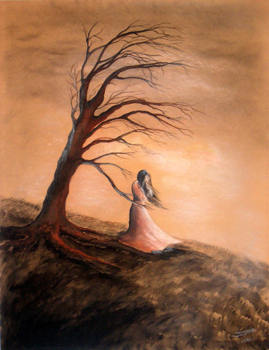 Tekening getiteld "Solitude" door Sylvie, Le Chant Du Vent, Origineel Kunstwerk, Krijt