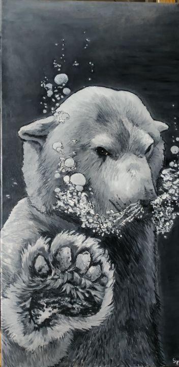 Painting titled "L'ours qui bulle" by Sylvie Lescan, Original Artwork, Oil Mounted on Wood Stretcher frame