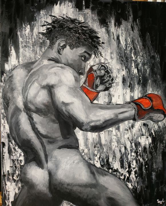 Painting titled "Boxeur aux gants ro…" by Sylvie Lescan, Original Artwork, Oil Mounted on Wood Stretcher frame