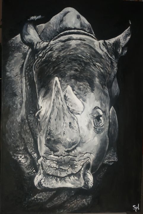 Painting titled "Rhinocéros" by Sylvie Lescan, Original Artwork, Oil Mounted on Wood Stretcher frame