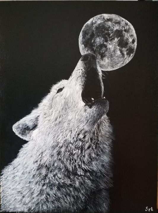 제목이 "Le loup et la lune"인 미술작품 Sylvie Lescan로, 원작, 아크릴 나무 들것 프레임에 장착됨