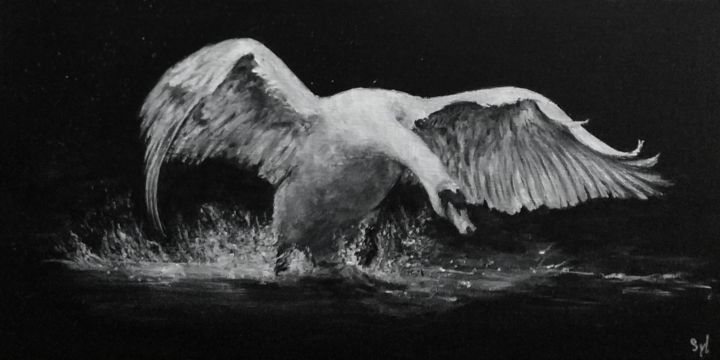 Картина под названием "L'envol du cygne" - Sylvie Lescan, Подлинное произведение искусства, Акрил Установлен на Деревянная р…
