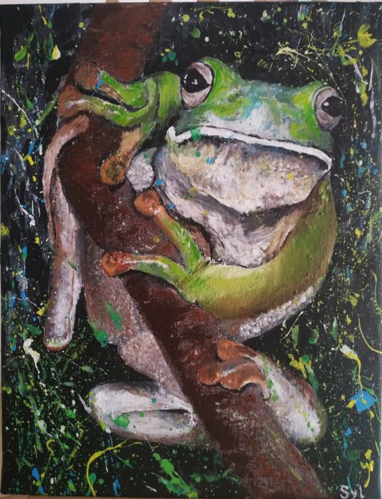 Картина под названием "Grenouille" - Sylvie Lescan, Подлинное произведение искусства, Акрил Установлен на Деревянная рама дл…