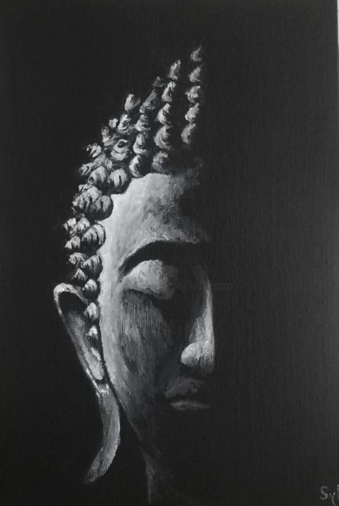 Peinture intitulée "Bouddha" par Sylvie Lescan, Œuvre d'art originale, Acrylique Monté sur Carton
