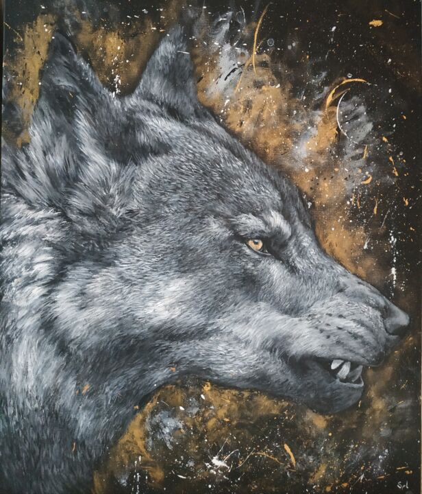 Painting titled "Loup gris" by Sylvie Lescan, Original Artwork, Acrylic Mounted on Wood Stretcher frame
