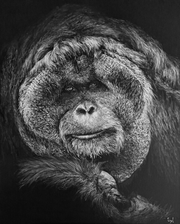 Pintura titulada "Mâle orang-outan" por Sylvie Lescan, Obra de arte original, Acrílico Montado en Bastidor de camilla de mad…