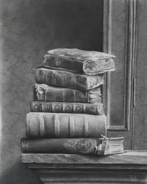 Drawing titled "Vieux livres" by Sylvie Pioli, Original Artwork, Charcoal