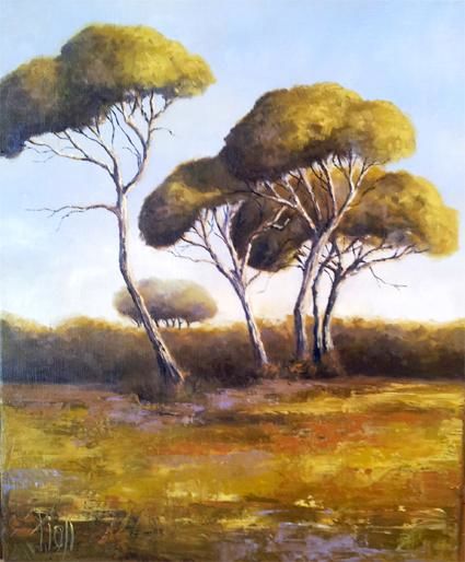 Painting titled "Les pins parasols" by Sylvie Pioli, Original Artwork, Oil Mounted on Wood Stretcher frame
