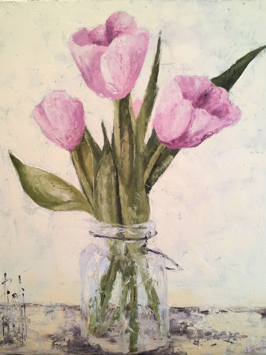 Painting titled "Tulipes aux couteaux" by Sylvie Pioli, Original Artwork, Oil