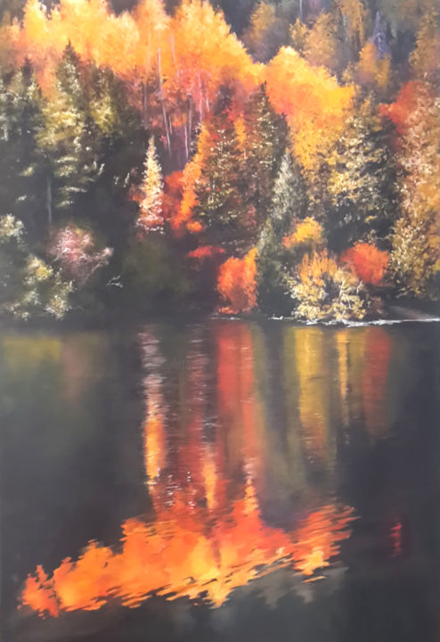 Painting titled "Reflets du Canada" by Sylvie Pioli, Original Artwork, Oil Mounted on Wood Stretcher frame