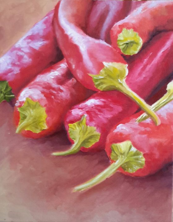 Painting titled "Piments" by Sylvie Pioli, Original Artwork, Oil Mounted on Cardboard
