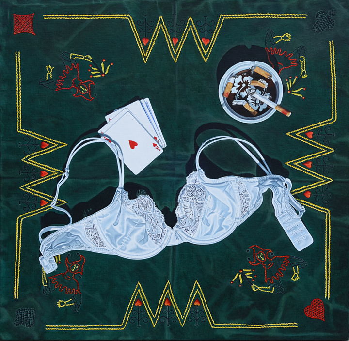 Painting titled "STRIP POKER" by Sylvie Robert, Original Artwork, Acrylic Mounted on Wood Stretcher frame