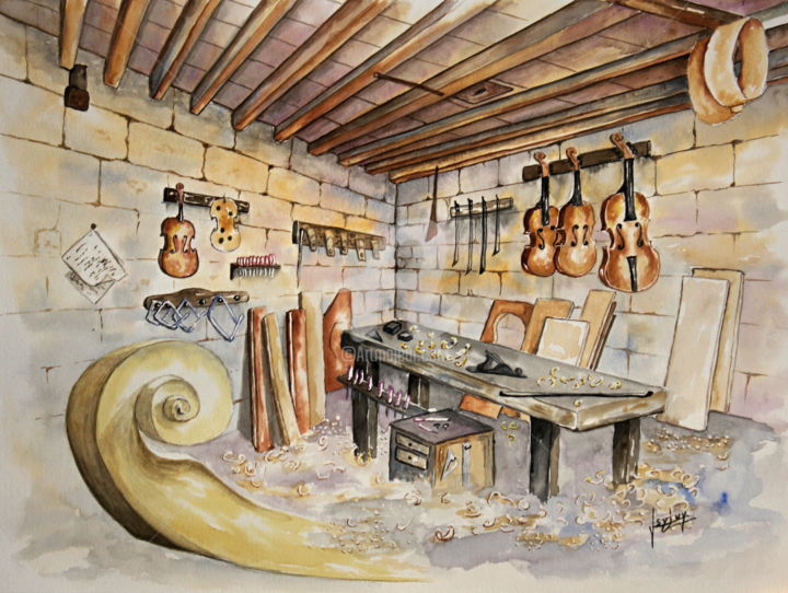 Malerei mit dem Titel "L'atelier du luthier" von Sylvy Aquarelles, Original-Kunstwerk, Aquarell
