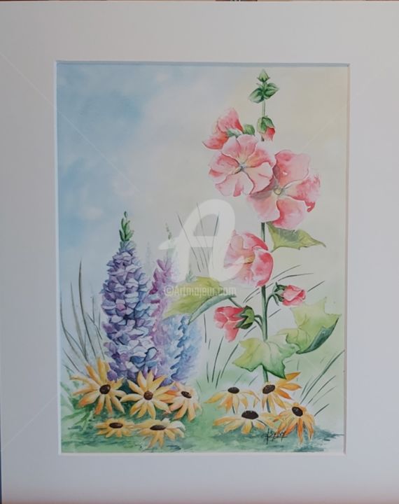 Malerei mit dem Titel "Lupins et Roses tré…" von Sylvy Aquarelles, Original-Kunstwerk, Aquarell